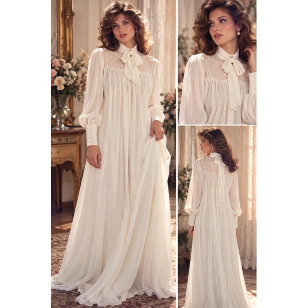 Vintage Cream Long Dressing Gown Robe Sheer Polka Dot Yoke Bow Tie Front